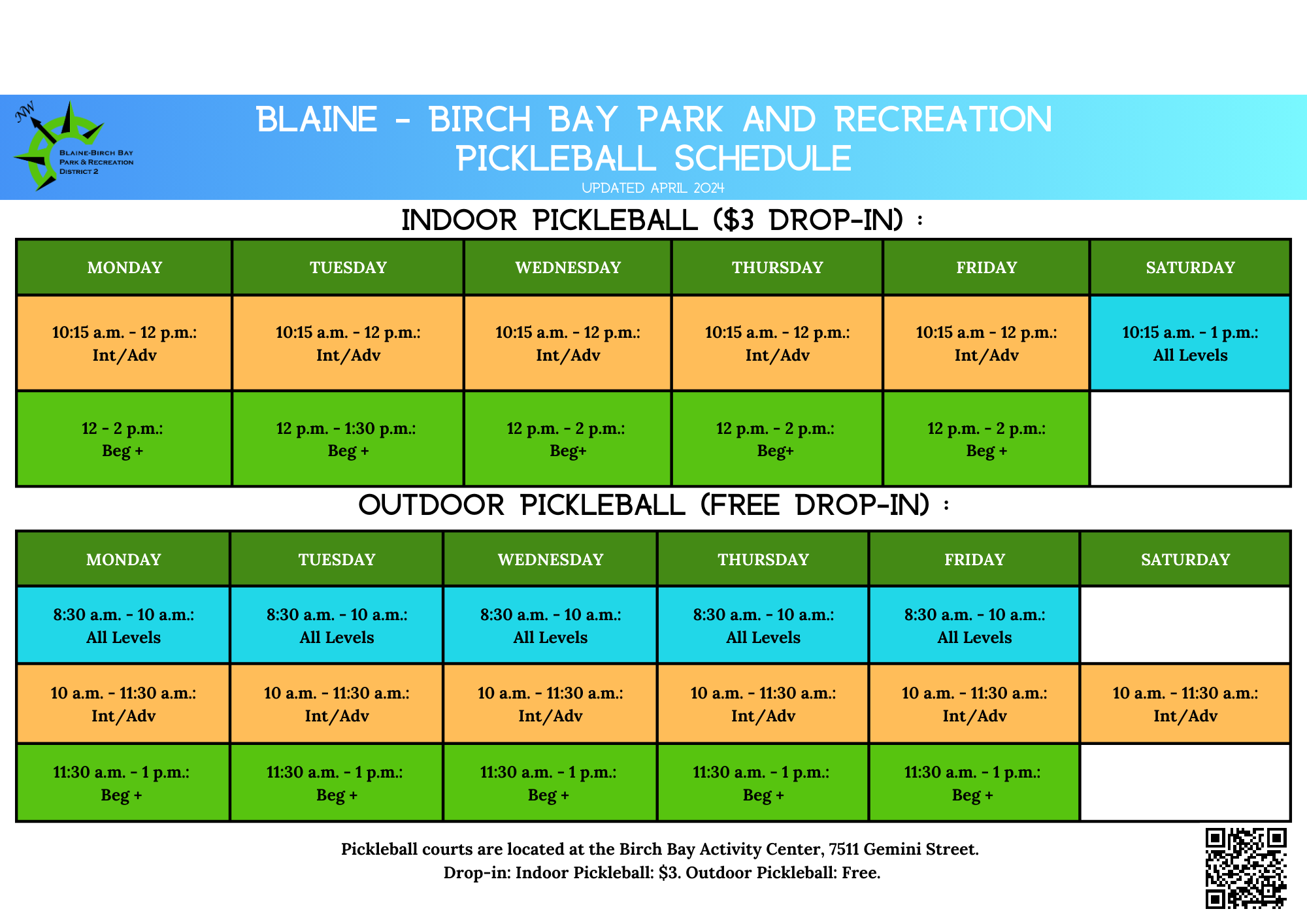 Pickleball Court Schedule Horizontal April 2024