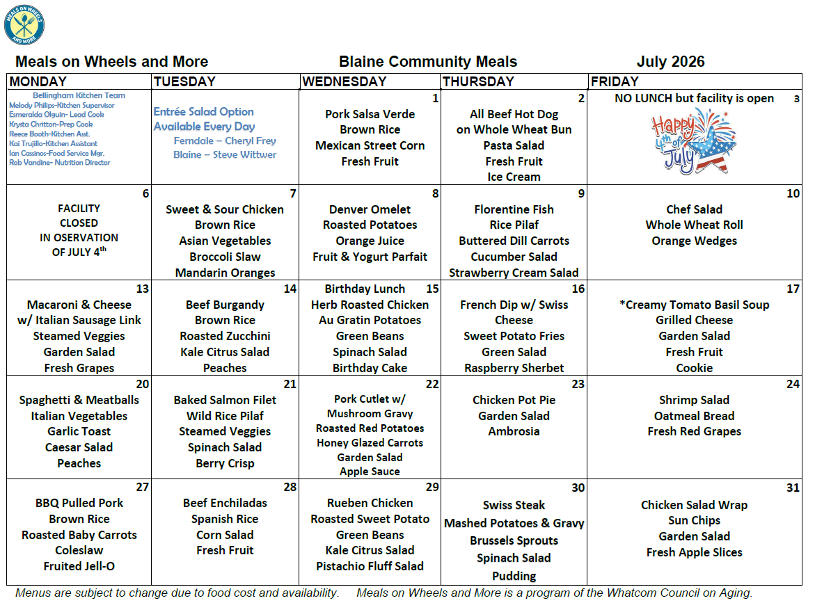 July MOW menu