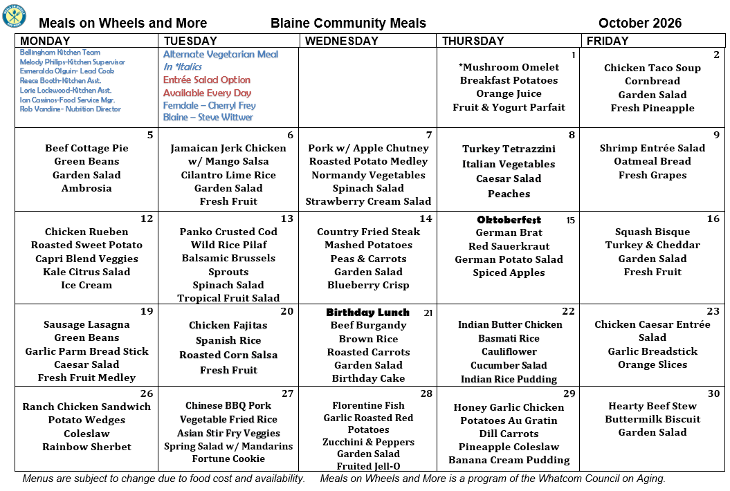 October Menu 2026